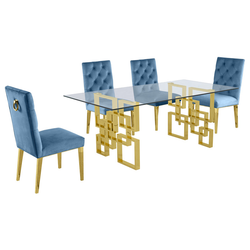 Marcano Glass Top Double Pedestal Dining Set, Gold, Black, 5 Pieces Included