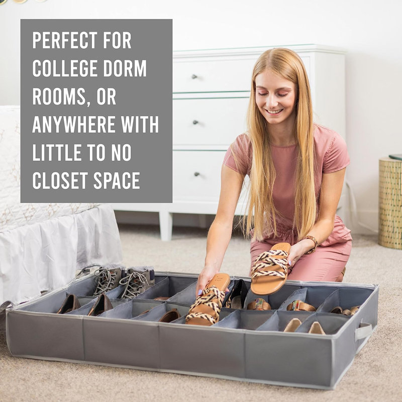 Under Bed Shoe Storage Organizer. Fits Up To 32 Pair, Gray