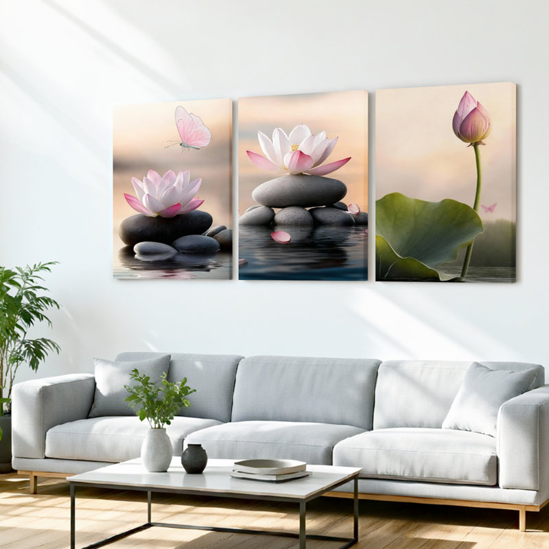 Fleur de lotus et pierres zen, reproduction d'art sur toile tendue sur toile (ensemble de 3), H 18 po x l 36 po