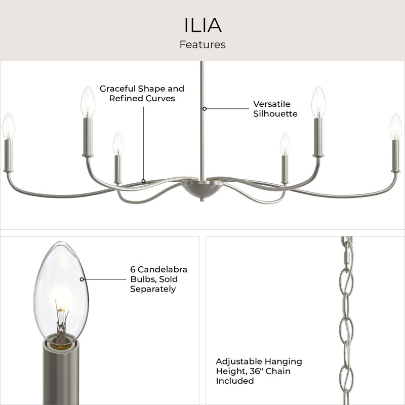 Ilia 6-Light Brushed Nickel Extra Large Chandelier, 18.25" H x 42.25" W x 42.25" D, Brushed Nickel