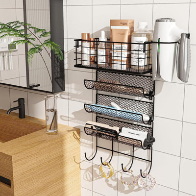 Wall-Mounted Hair Dryer Holder Styling Tool Organizer 4-Shelf Storage Wire Basket With Hook Heat Safe Rack For Hair Straighteners,Curling Wands,Flat I -  Rebrilliant, A6E42C65DCB14BA781471E481EFCCF95