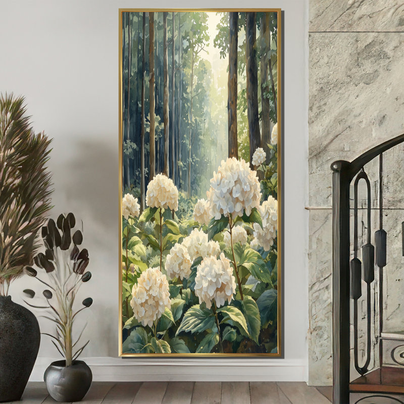 Cropsey - Hydrangea, impression sur toile, H 60 po x l 28 po, Reproduction avec cadre flottant, Doré