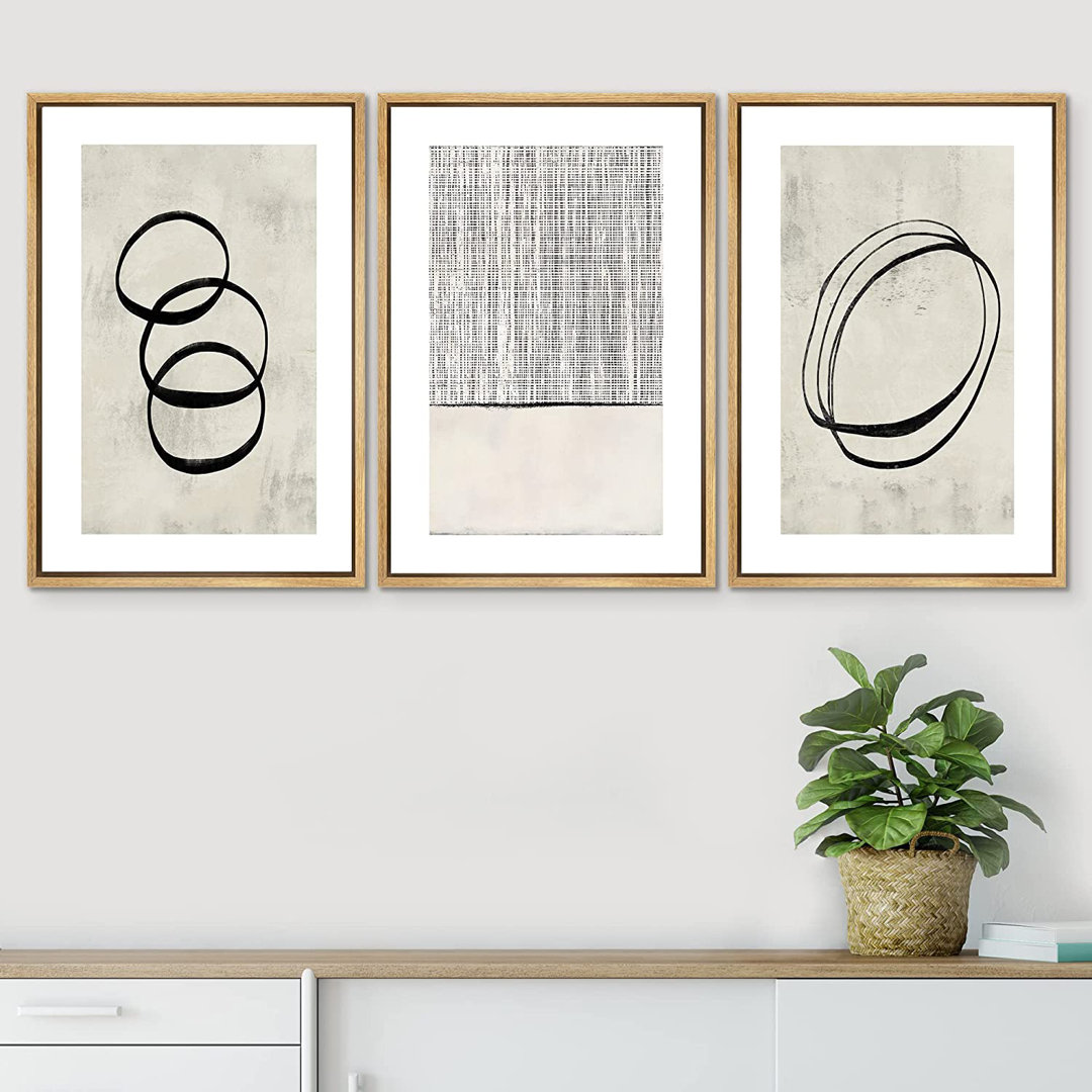 " Neutral Geometric Ring Grid Landscape Abstract Wall Art " 3 - Pieces SIGNLEADER 