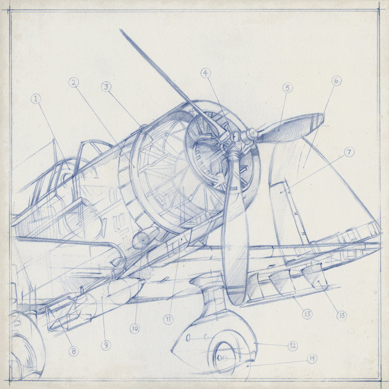 Airplane Mechanical Sketch I by Ethan Harper - Wrapped Canvas Print, 122cm H x 122cm W