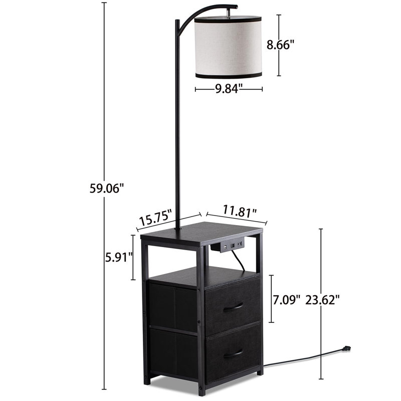 Lampe sur pied avec table et 2 tiroirs, Noir, noir, noir, noir