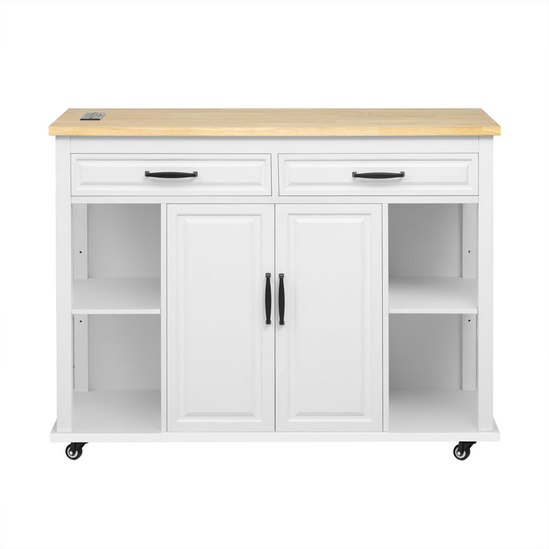 47 inch Kitchen Island with Extendable Dining Table, Rubber Wood Veneer Kitchen Table with Internal Storage Rack, Power Outlet