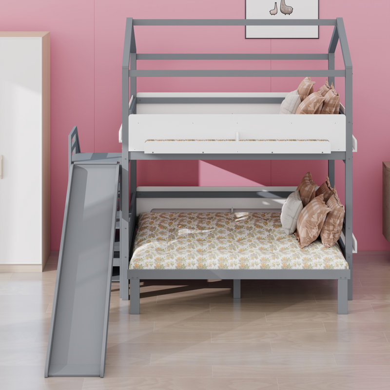 House-Shaped  Bunk Bed with Slide and Storage Staircase, Gray+White