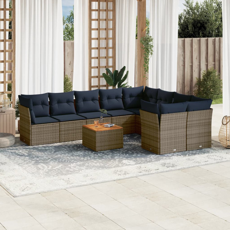 Ensemble de canapé de patio 10 pièces avec coussins en rotin de polyester, Gris, Marine