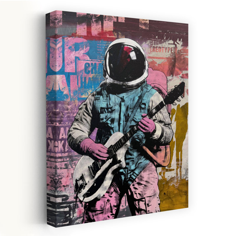 Pink Astronaut Rocker Colorful Modern Retro Urban Landscape Wall Art Print 1 Piece Wrapped Canvas Wall Art