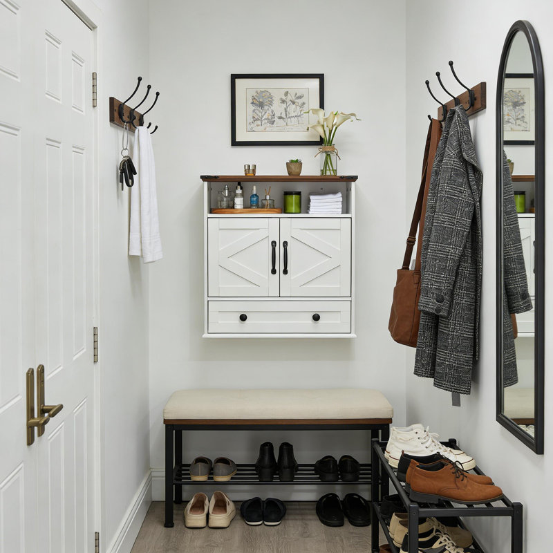 Wall-Mounted Storage with Farmhouse Style for Bathroom, Kitchen, Laundry & Entryway, White/Brown
