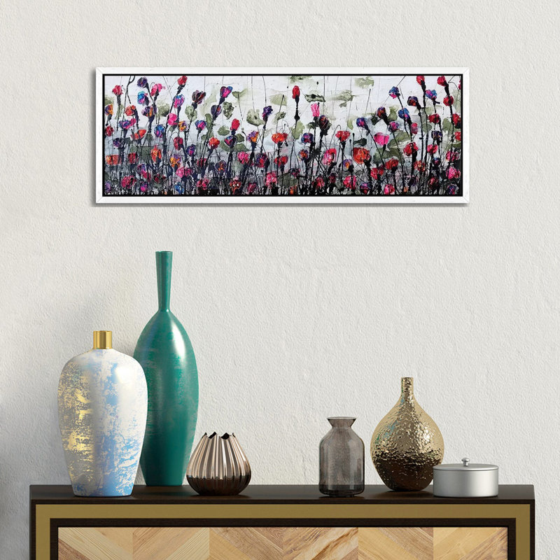 Fantatic Poppies by Donatella Marraoni - Panoramic Painting on Canvas, 30.48 cm H x 91.44 cm W, White Framed