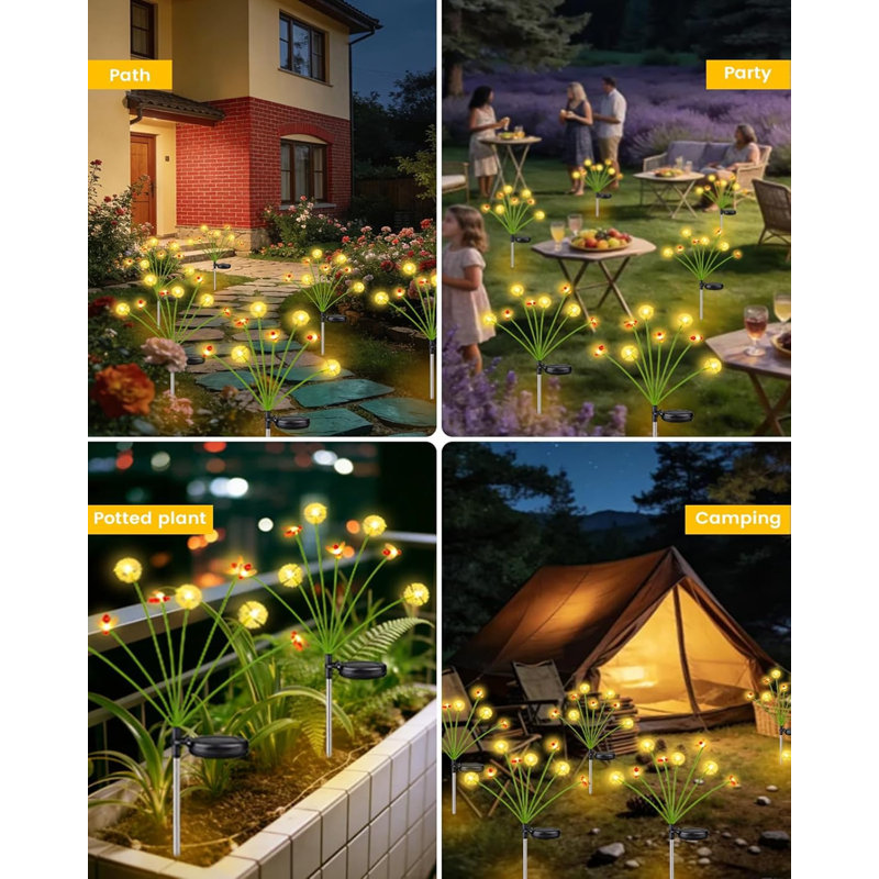 Ensemble de 6 lumières à DEL à 3 couches 2026 2026 - Conception pissenlit et abeille, 2 modes (fixe / scintillant), imperméable IP65 pour décoration de patio