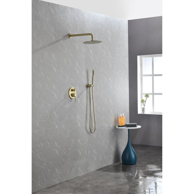 10" Stainless Steel Rain Shower Head And Handheld, Bathroom In Brushed Gold With High Handheld Shower, Wall Mounted Faucet