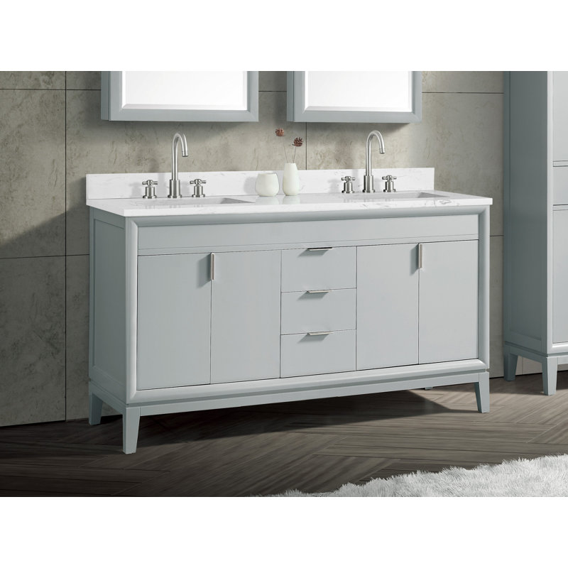 Ensemble de meuble-lavabo double 61 po Emma, Gris tourterelle, Marbre blanc de Cala