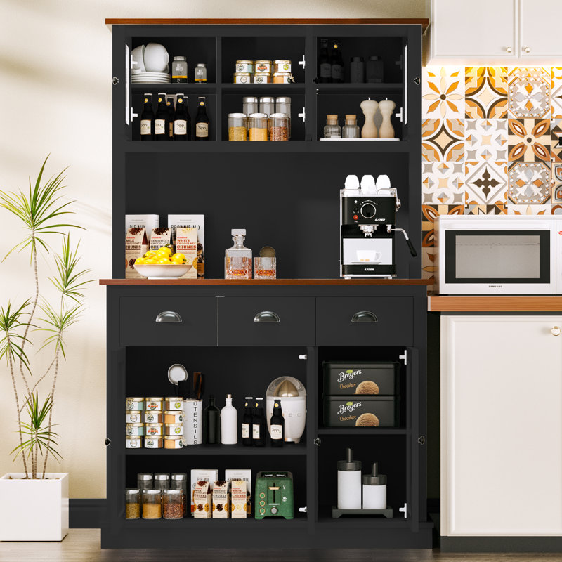 71" Kitchen Hutch Storage Cabinet With Charging Station, Black