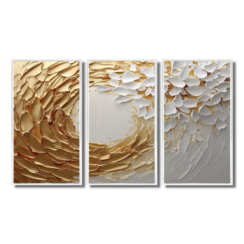 Ensemble de salon art mural blanc et or rose Vortex Love III - Abstract Spirals, Toile encadrée flottée blanche