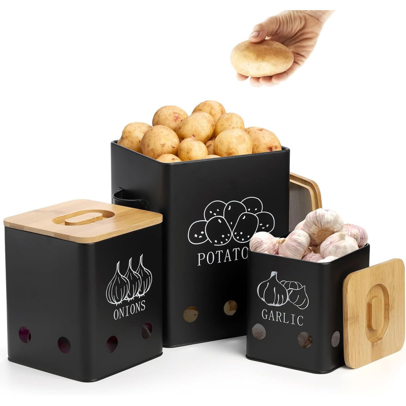 Ensemble de 3 boîtes de rangement pour légumes, pot de rangement pour pommes de terre, oignon et ail, panier à légumes en métal noir, pots de rangement pour garde-manger avec couvercle en bambou et trous d'aération