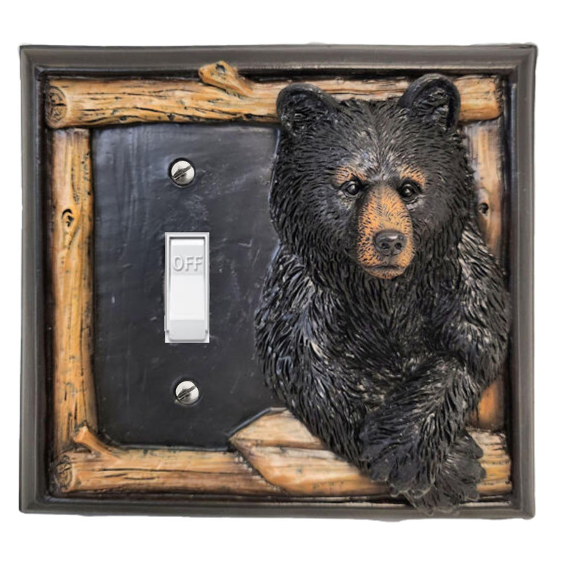 Resin Rustic Single Toggle Switch Cover Black Bear with Tree Branch Design