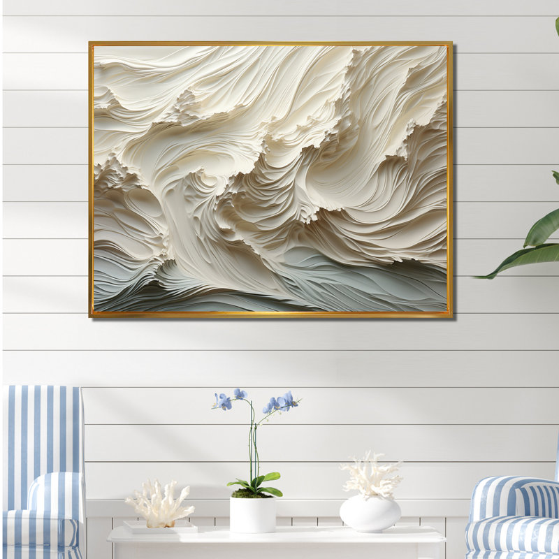 «White and Blue Wave Papercut Style II» - art mural vagues côtières, H 34 po x l 44 po x P 1,5 po, Cadre flottant doré