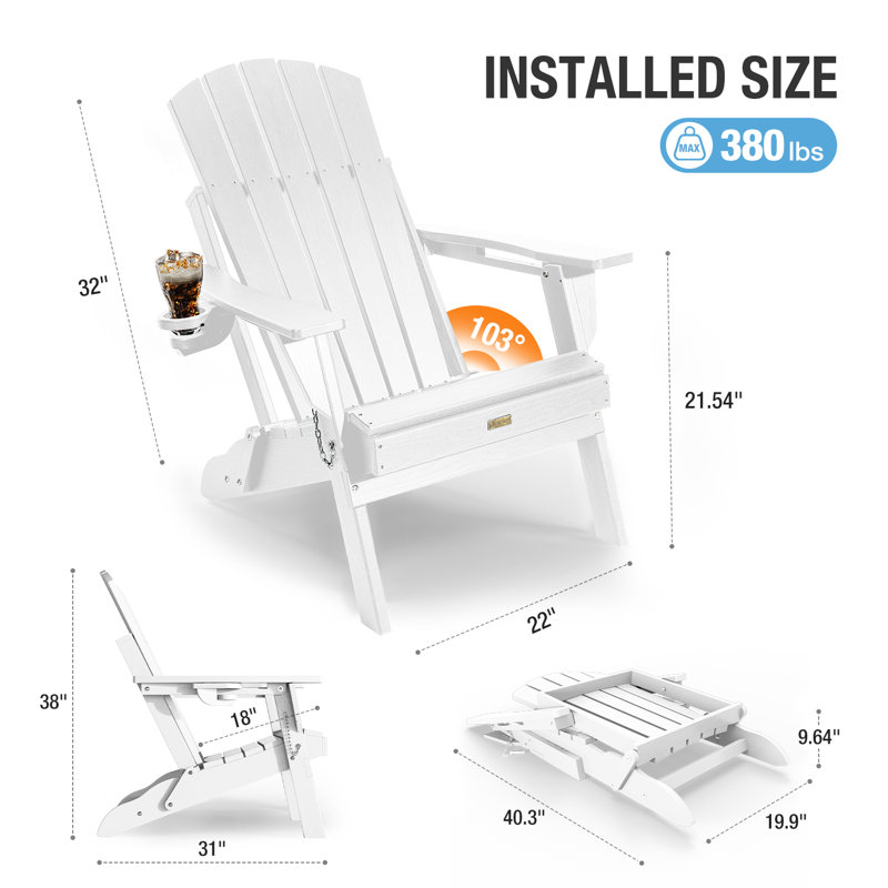 All Weather HDPE Folding Outdoor Adirondack Chair with Cup Holders Durable Oversized Fire Pit Chair Easy Assembly Easy Maintenance Patio Lawn Chair with 380Lbs Load Bearing for Porch, Garden, Backyard, Patio, Deck, Fire pit, White