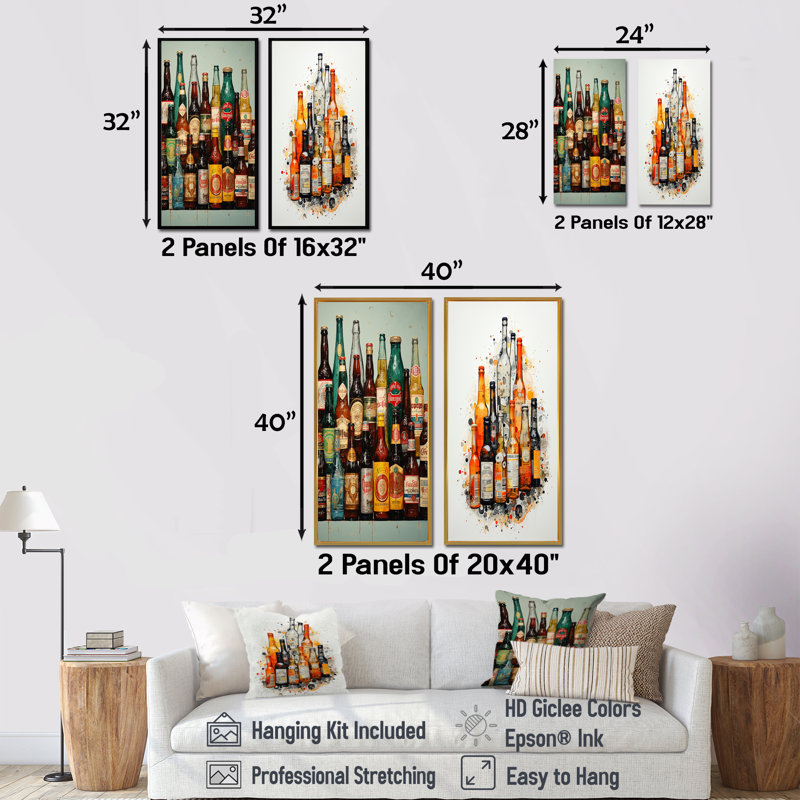 «Beer Bottles Collage», ensemble de 2 reproductions d'art sur toile, Toile tendue, H 28 po x l 25 po
