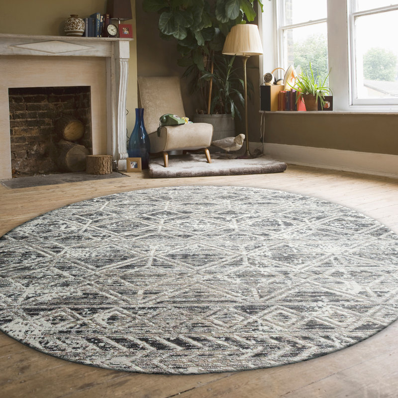  Kainaan 1243 Grey Geometric Area Rug, Round 5'3", Gray