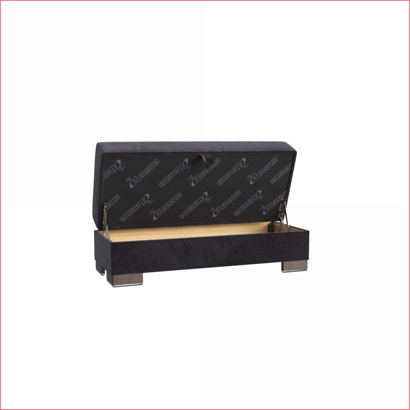 Repose-pieds avec rangement, microfibre convertible noire pour petits espaces - garniture en bois brun noyer
