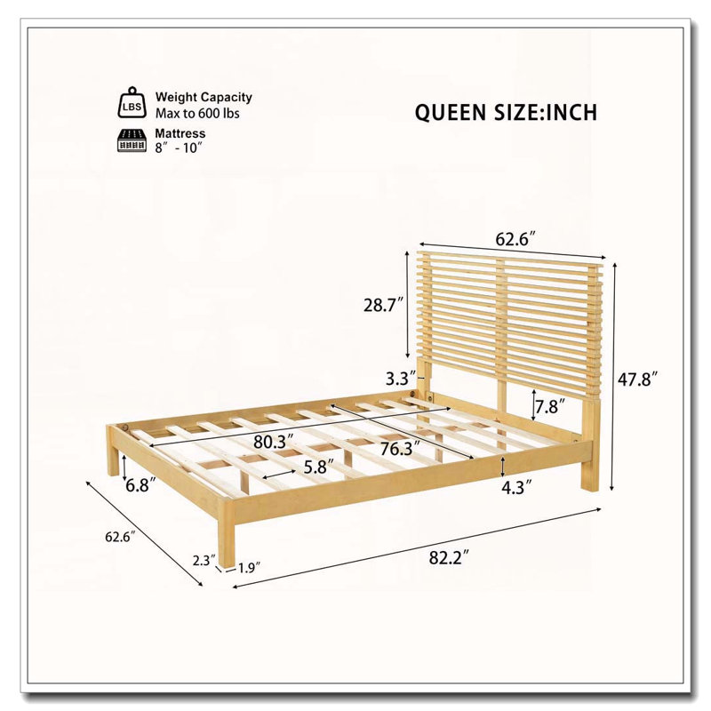 Base de lit en bois massif avec tête de lit, Naturel, Grand lit