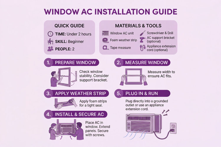 5-step illustration of how to install a window air conditioner