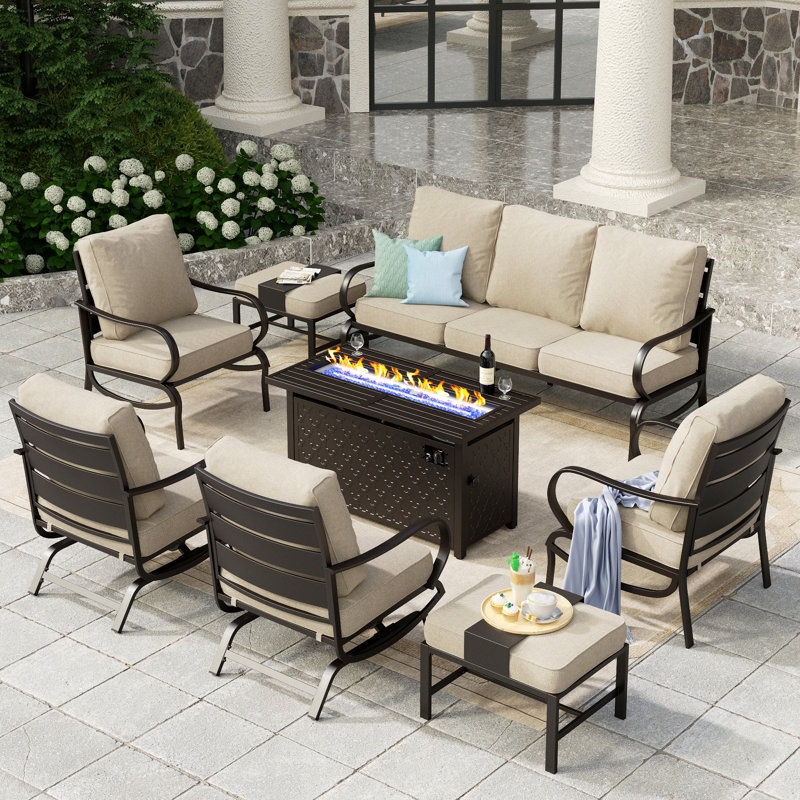 Tapasi 9 - Person Patio Conversation Set with Rocking Lounge Chairs & Optional Firepit Table, Beige, Yes