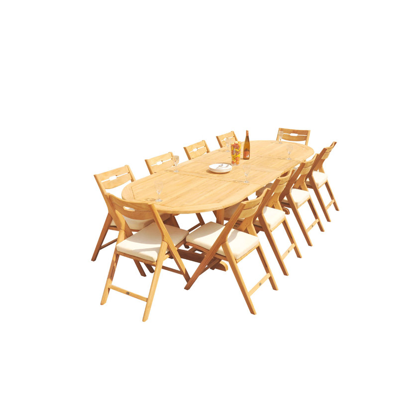 Natural Wood 125" Oval Outdoor Dining Set with Folding Chairs