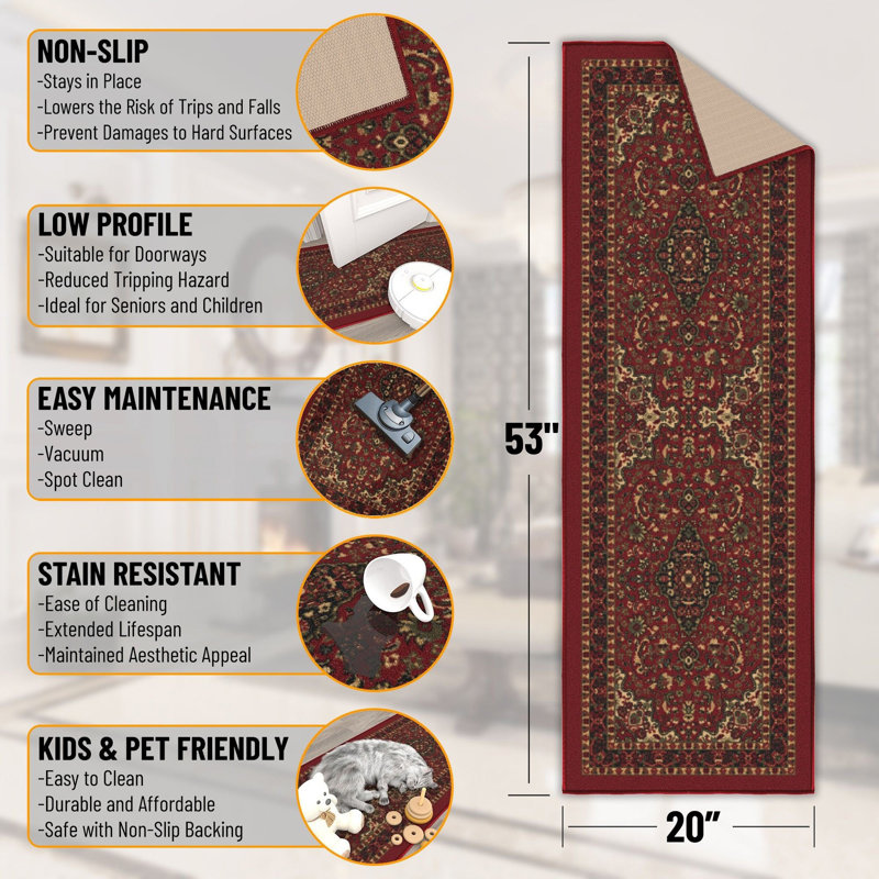 Ottohome Non-Slip Medallion Oriental Area Rug For Living Room, Hallway, Entryway Rug, Dark Red, Runner 1'8" x 4'5"