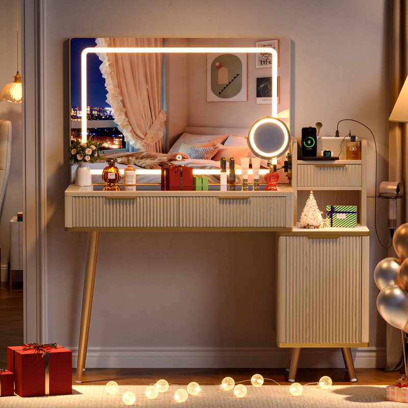 Coiffeuse avec plateau en verre, miroir lumineux, 3 tiroirs et borne de recharge, Chêne clair