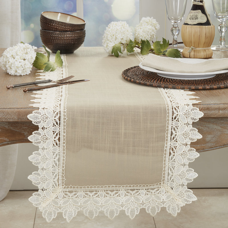 Venetto Lace Trimmed Elegant Table Runner , 108" L x 16" W, Taupe