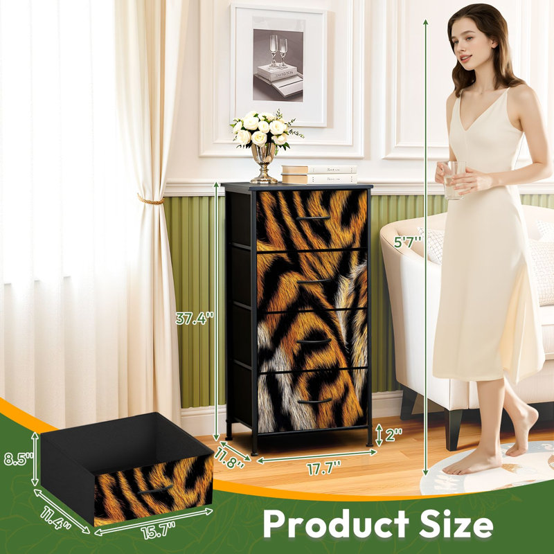 Commode à 4 tiroirs pour chambre à coucher avec rayures de tigre et safari texturé en fourrure d'animal orange noir Petite grande commode pour vêtements