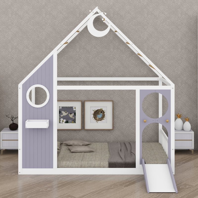 Lit cabane avec glissade et guirlande lumineuse à billes pour chambres d'enfants, Mauve
