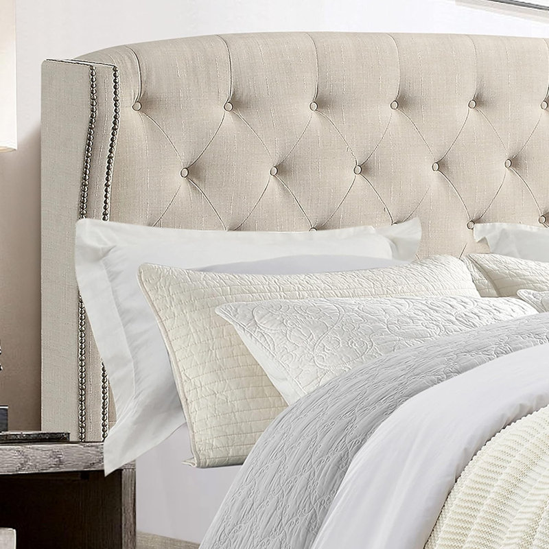 Structure de lit avec tête de lit capitonnée / revêtement en tissu, Beige, Grand lit