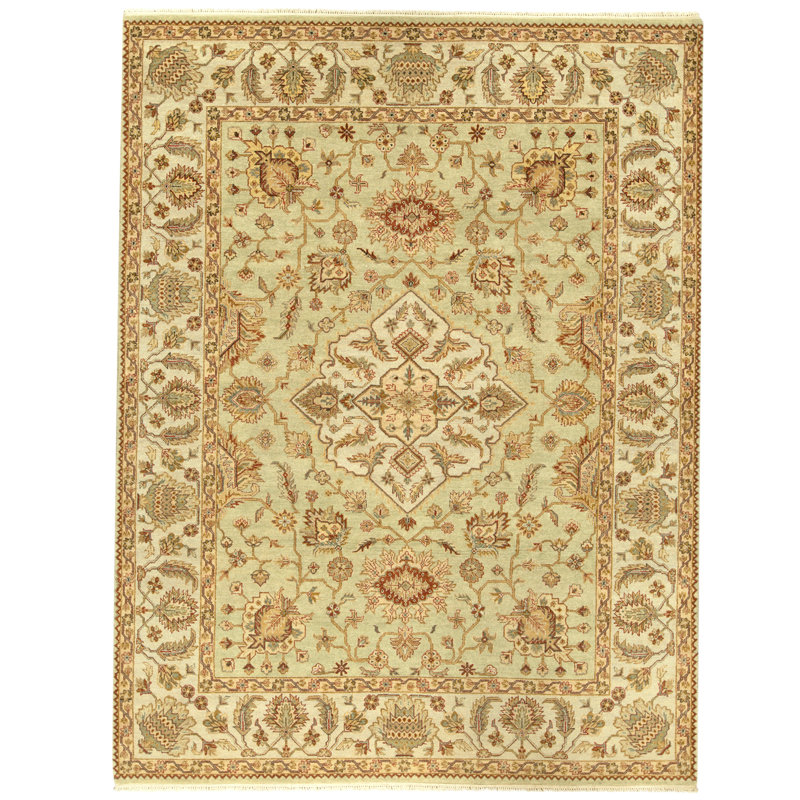 Tapis vert et ivoire noué à la main de haute qualité