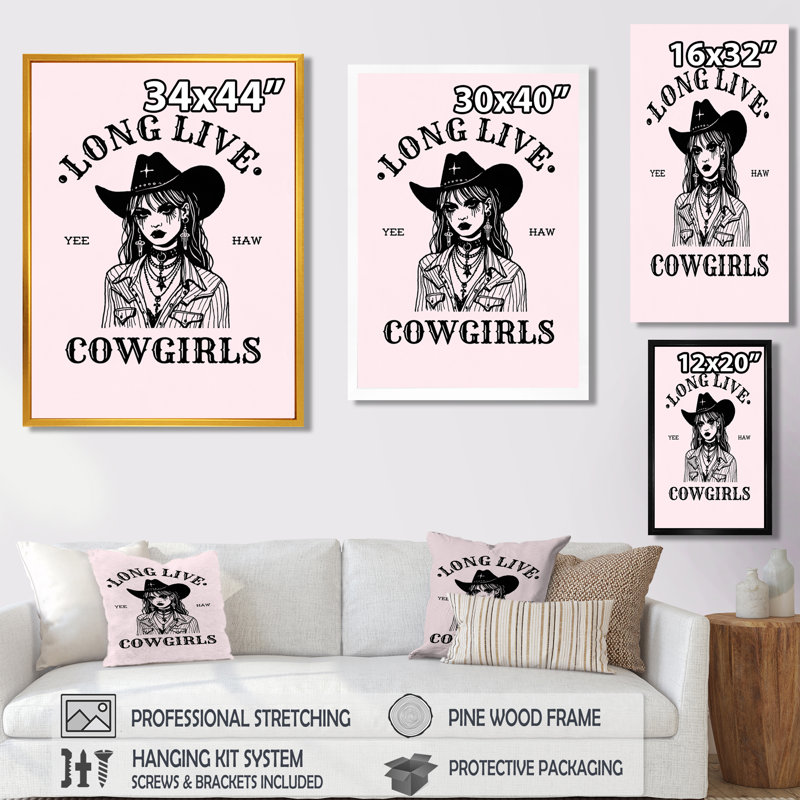 Longue vie aux Cowgirls, illustration Yeehaw, H 20 po x l 12 po x P 1 po, Toile encadrée noire simple