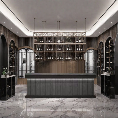 Vintage Bar Counter with Upper and Lower Surfaces, Wine Storage, Hanging Glass Hooks, Shelves & Cabinet – No Assembly Required by Wrought Studio