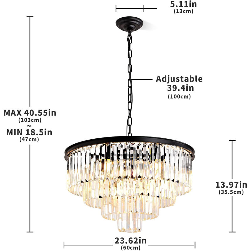 Lustre moderne en cristal noir avec conception à 4 niveaux, éclairage à intensité variable et chaîne réglable pour la salle à manger, le salon, la chambre à coucher et le vestibule