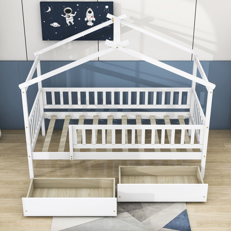 Lit maison 2 tiroirs, Simple, Blanc