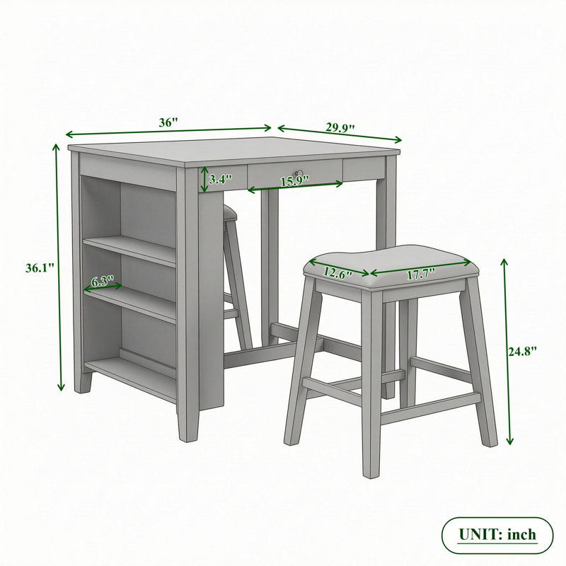Ensemble de table de bar moderne avec prise de courant intégrée, tiroirs latéraux, tablettes de présentation et tabourets