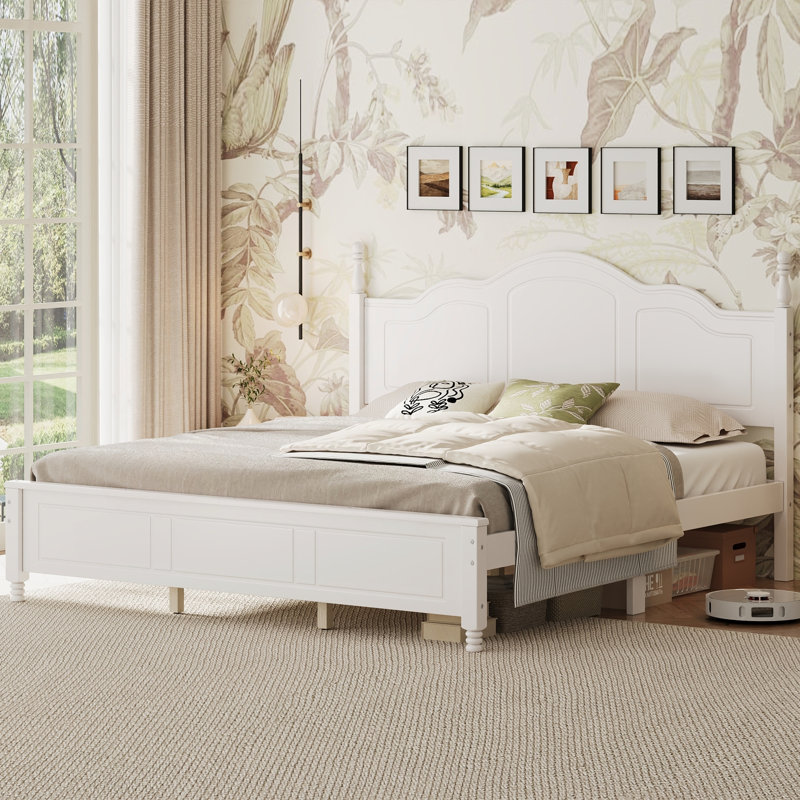 Base de lit plateforme très grand avec tête de lit rétro Wave, White