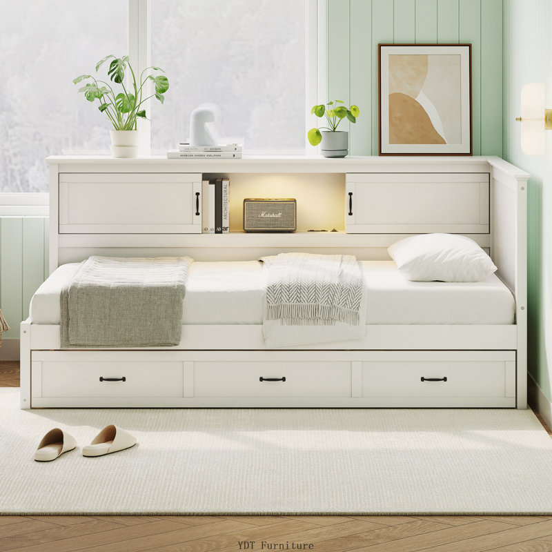 Twin Size L-Shaped Wooden Corner Bed Frame with Drawer and Bookcase | Captain Bed with LED Downlight and USB Port for Small Room/Bedroom/Guest Room, White