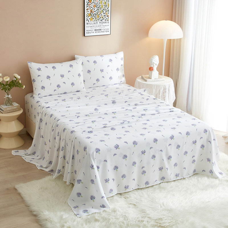 Zeta Boho Floral Printed Sheet Set, Full Sheet Set with 2 Pillowcases, Lavender