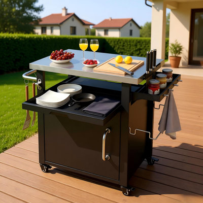 39.5" Outdoor Grill Cart With Storage Cabinet, Outdoor Bar Cart Pizza Oven Table With Wheels, Stainless Steel Top, Outdoor Kitchen Island With Spice & Paper Rack For Bbq, Waterproof Cover Included