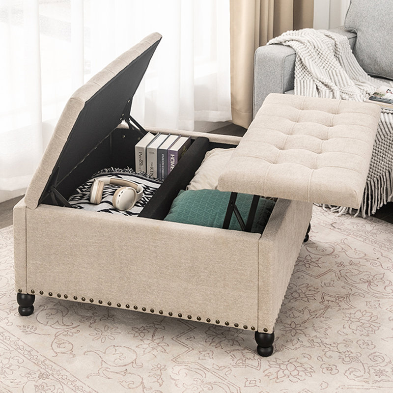 Banc de rangement avec repose-pieds carré de 34 pouces pour chambre à coucher, Chameau
