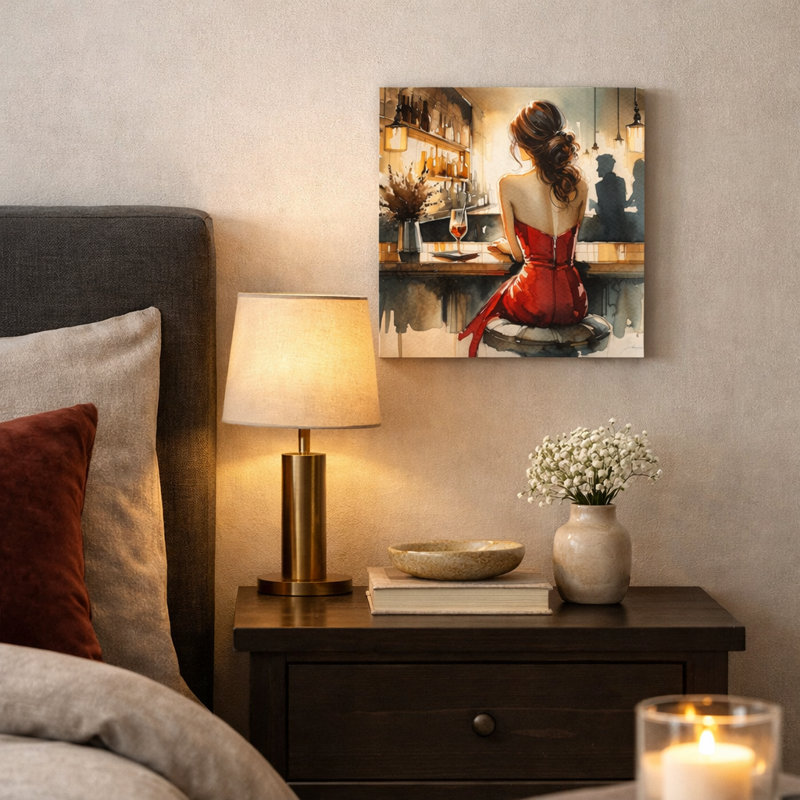 Modern Woman in Red Dress Bar Scene Wrapped Canvas Wall Art for Living Room Dining Room or Home Bar Decor