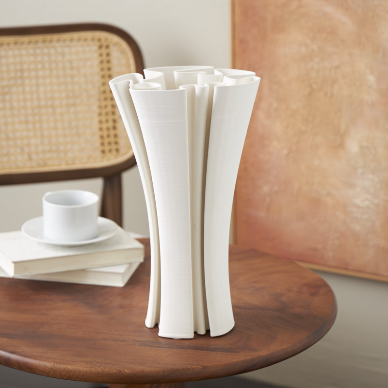 Joletha Ceramic Ribbed Dimensional Folded Abstract Decorative White Vase with Curvy Rim, 14.7" H x 8.4" W x 8.4" D
